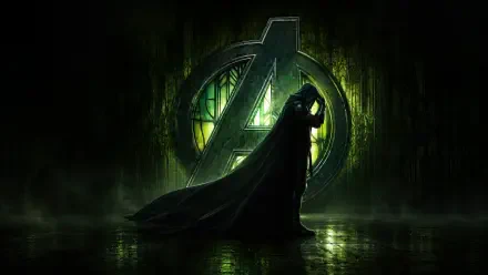 Avengers: Doomsday 4K Ultra HD PC desktop wallpaper — cloaked figure silhouetted before a glowing, weathered Avengers emblem over a rain‑slick reflective floor in green tones.
