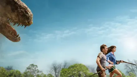 The End of Oak Street: 4K Ultra HD PC desktop wallpaper showing two people sprinting down a road as a dinosaur lunges from the treeline beneath a bright sky.