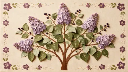 4K Ultra HD PC desktop wallpaper: stylized lilac tree with purple flower clusters and green leaves set against a beige, decorative background.