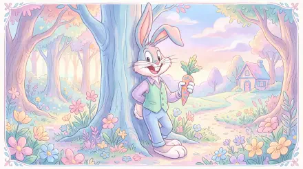 Bugs Bunny cartoon rabbit leaning against a tree, smiling and holding a carrot in a pastel meadow with flowers and a cottage — 5K Ultra HD PC desktop wallpaper.