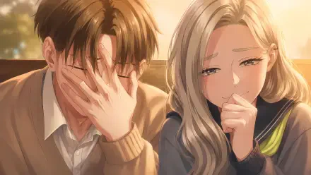 Shuuji Taira and Shino Azuma (Seihantai na Kimi to Boku) share a tender, tearful laugh in warm evening light — 5K Ultra HD PC desktop wallpaper.