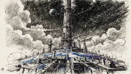 4K Ultra HD PC desktop wallpaper: sketch-style scene of a towering space elevator and launch-pad tower with rockets poised for ascent.