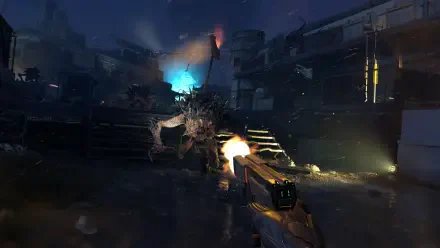 HD PC desktop wallpaper/background from the video game Alien Deathstorm: first-person gun firing at a zombie-like alien amid a dark, stormy ruined city.