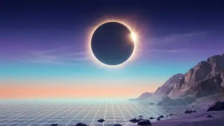 4K Ultra HD PC Desktop Wallpaper and Background: surreal landscape of a glowing solar eclipse above a grid-tiled shoreline with rocky cliffs and a pastel sky.