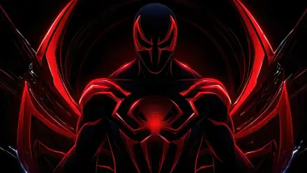 Spider-Man 2099 digital art: dark, red-accented futuristic superhero silhouette with glowing chest emblem and arching web-like blades — 4K Ultra HD PC desktop wallpaper/background.