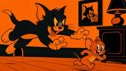 Tom and Jerry cartoon: Tom chases Jerry across a room in a bold orange scene — 4K Ultra HD PC desktop wallpaper/background.