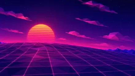 Retro polygonal 4K Ultra HD PC desktop wallpaper: neon grid foreground, low-poly mountains, striped magenta sunset and glowing starry sky.