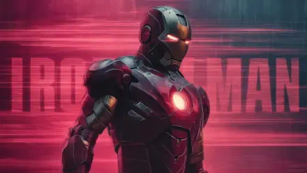 Digital art of Iron Man superhero in glowing red armor, chest arc reactor illuminated, futuristic 4K Ultra HD PC desktop wallpaper and background with motion-blur red streaks.