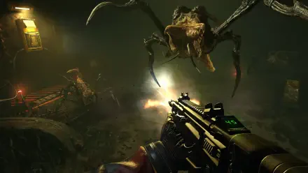 HD PC desktop wallpaper/background: first-person video game scene from Alien Deathstorm — player fires assault rifle at a towering spider monster in a dark industrial corridor.