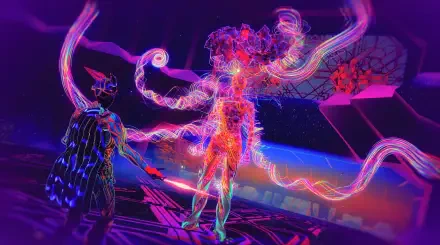 2K Quad HD PC desktop wallpaper from ETRE video game: neon cyberpunk scene of glowing humanoid figures entwined by pulsing tendrils over a futuristic cityscape.