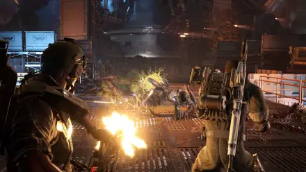 4K Ultra HD PC wallpaper from Aliens: Fireteam Elite 2 — soldiers unleash gunfire on charging aliens across a dim, industrial battlefield.
