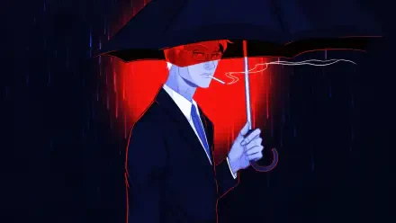 Digital Art of a suited man smoking under a black umbrella in red-lit rain; 5K Ultra HD PC desktop wallpaper and background.