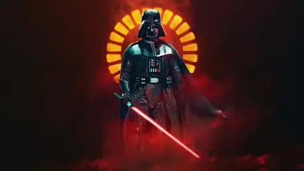 Darth Vader, Star Wars — dark 5K Ultra HD PC desktop wallpaper showing Vader in black armor, red lightsaber ignited and a halo-like red glow behind him amid smoky shadows.