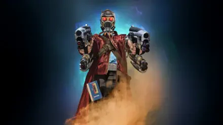 5K Ultra HD digital art PC wallpaper of superhero Star-Lord in a red coat and mask, firing dual pistols amid a cosmic blue glow and rising orange smoke.
