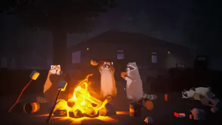 4K Ultra HD video game wallpaper: Dumpster Gang raccoons gathered around a glowing campfire, toasting marshmallows in front of a shadowy house — PC desktop background.