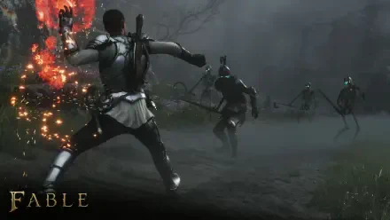 HD PC desktop wallpaper/background from the video game Fable (2027): an armored warrior unleashes fiery magic on skeletal foes across a fog-shrouded battlefield.
