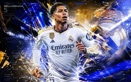 4K Ultra HD PC wallpaper of a professional soccer player in a white club kit (No. 5) charging through blue and gold energy swirls with a glowing club crest behind him.