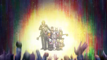 Anime HD desktop wallpaper of Iruma-kun (Welcome to Demon School!) cast grouped in a bright spotlight with a rainbow aurora backdrop and silhouetted reaching hands.