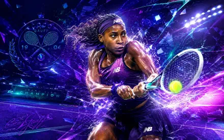 4K Ultra HD PC desktop wallpaper of a female tennis star mid-swing, neon racket striking a ball amid purple energy streaks and stadium lights, conveying raw speed and focused intensity.