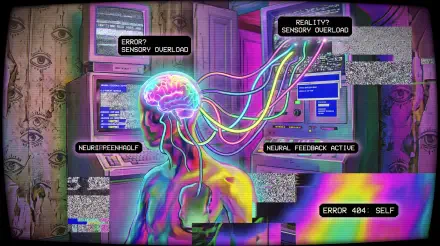 Weirdcore neon glitch 5K Ultra HD PC desktop wallpaper: a human silhouette with glowing brain and rainbow neural cables linked to glitching monitors and error-message overlays.