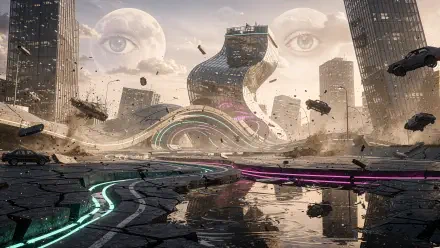 4K Ultra HD PC desktop wallpaper: surreal earthquake-ravaged city with cracked reflective pavement, shattered skyscrapers, floating debris and two giant translucent eyes looming in the sky.