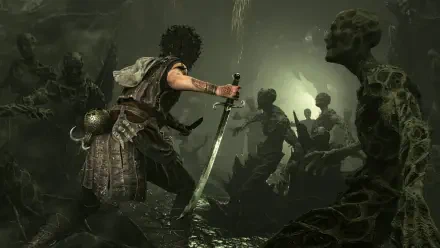 HD PC desktop wallpaper from the video game Resonance: A Plague Tale Legacy — a sword-wielding warrior confronts shadowy figures amid a murky, skeletal cavern.