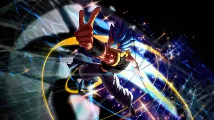 Gogeta (Dragon Ball) anime, blue-haired Super Saiyan striking a dynamic flying pose amid glowing energy arcs and stars — 4K Ultra HD PC desktop wallpaper/background.