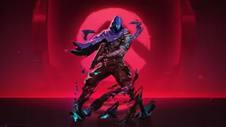 HD PC desktop wallpaper: Valorant's Omen stands shrouded in a tattered purple cloak and teal smoke, silhouetted against a glowing red circular backdrop.