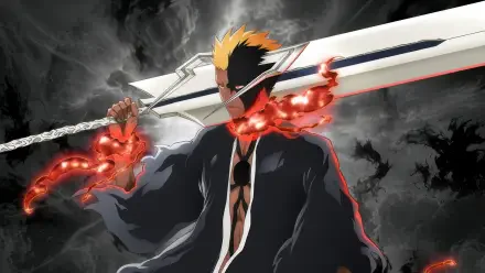 Bleach: Thousand-Year Blood War 4K Ultra HD PC desktop wallpaper — Ichigo in a dark cloak with a half-mask, wielding a colossal sword wrapped in red energy against a stormy sky.