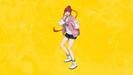 4K Ultra HD PC desktop wallpaper: Sakamoto Days character in a pink jacket with braided hair standing against a textured bright yellow background.