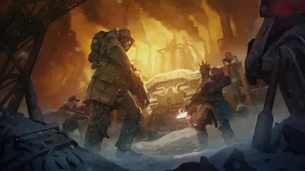 Wasteland 3: The Battle of Steeltown video game 4K Ultra HD PC wallpaper — two armored survivors with rifles stand in a snowy, ruined steelworks bathed in an orange, smoky glow.