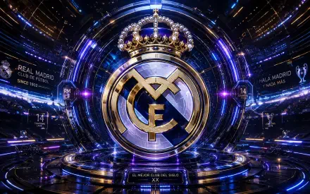Real Madrid C.F. crest glowing in a neon-futuristic arena, soccer sports 4K Ultra HD PC desktop wallpaper background.