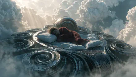 Sleepcore spaceship scene: a sleeping figure curled on a cushioned nest atop a circular starship drifting through sunlit clouds — 4K Ultra HD science fiction PC desktop wallpaper
