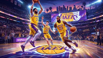 5K Ultra HD PC desktop wallpaper showing three Los Angeles Lakers basketball players in yellow uniforms driving to the hoop in a packed arena.