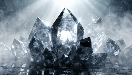 Crystal gemstone cluster with radiant beams, mist and reflective water, 2K Quad HD PC desktop wallpaper and background.