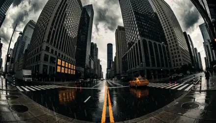 Panorama 4K Ultra HD PC Desktop Wallpaper and Background — fisheye city intersection with wet reflective streets, towering skyscrapers, dramatic clouds and a lone yellow taxi.