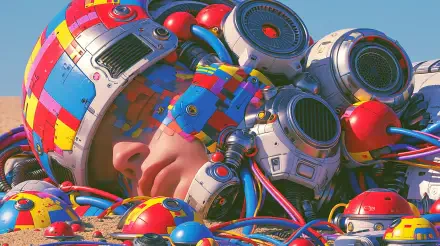 Artistic science fiction helmet and human face entwined with colorful mosaic panels, cables and hovering modules — vibrant 2K Quad HD PC desktop wallpaper.