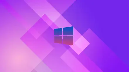 Windows 11 Microsoft 4K Ultra HD PC desktop wallpaper: translucent Windows logo centered on layered purple and pink geometric light panels.