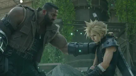 Final Fantasy VII Rebirth 4K Ultra HD PC wallpaper: Barret steadies a kneeling Cloud amid overgrown ruins as green motes drift around them.