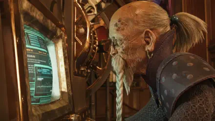 Final Fantasy VII Rebirth 4K Ultra HD PC desktop wallpaper: weathered engineer with braided beard and ponytail peers at a glowing terminal amid brass gears and steam-powered machinery.