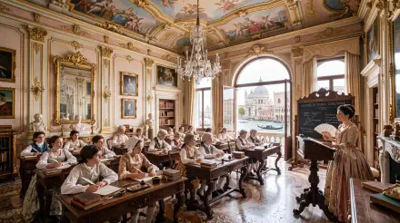 5K Ultra HD PC desktop wallpaper of a school aesthetic classroom: a Teacher instructs rows of Students at wooden desks beneath ornate ceilings and arched windows.