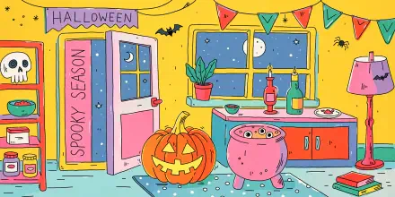 4K Ultra HD PC desktop wallpaper background: bright Halloween spooky season scene with a grinning carved pumpkin, bubbling pink cauldron, moonlit window, bats and festive bunting.