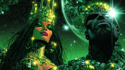 2K Quad HD PC desktop wallpaper of royal king and queen, a regal woman and man in jeweled crowns against a glowing green cosmic backdrop.