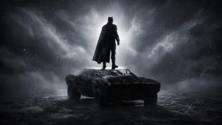 Dark 4K Ultra HD PC desktop wallpaper/background: Batman silhouette standing on a battered Batmobile beneath stormy skies, evoking a contemporary cinematic actor's portrayal.