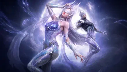 Once Human video game 5K Ultra HD PC desktop wallpaper and background: two ethereal silver-armored figures — a flowing-haired female and a masked companion — bathed in lunar cosmic light.