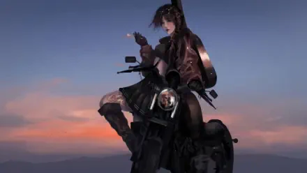 4K Ultra HD PC desktop wallpaper: girl biker perched on a motorcycle at dusk, warm sunset sky casting orange and purple hues.