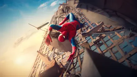 5K Ultra HD PC desktop wallpaper: Spider-Man in red-and-blue suit clings to a skyscraper edge, city receding below and a plane passing, dramatic sunlit high-detail action shot.
