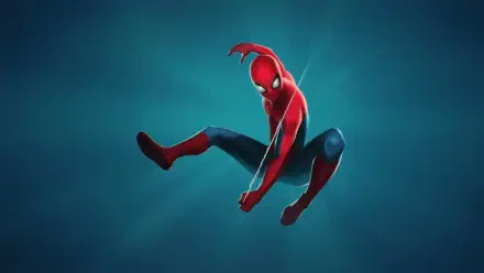 Spider-Man digital art in mid-swing against a teal gradient, dynamic superhero pose — 5K Ultra HD PC desktop wallpaper and background.