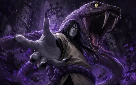 Orochimaru (Naruto) reaching forward as a giant purple snake coils behind him in a dark forest — dramatic anime 4K Ultra HD PC desktop wallpaper background.