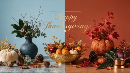 Aesthetic Thanksgiving still life 4K UHD desktop wallpaper: split blue and rust backdrop with pumpkins, gourds, autumn leaves, pinecones and a Happy Thanksgiving script.